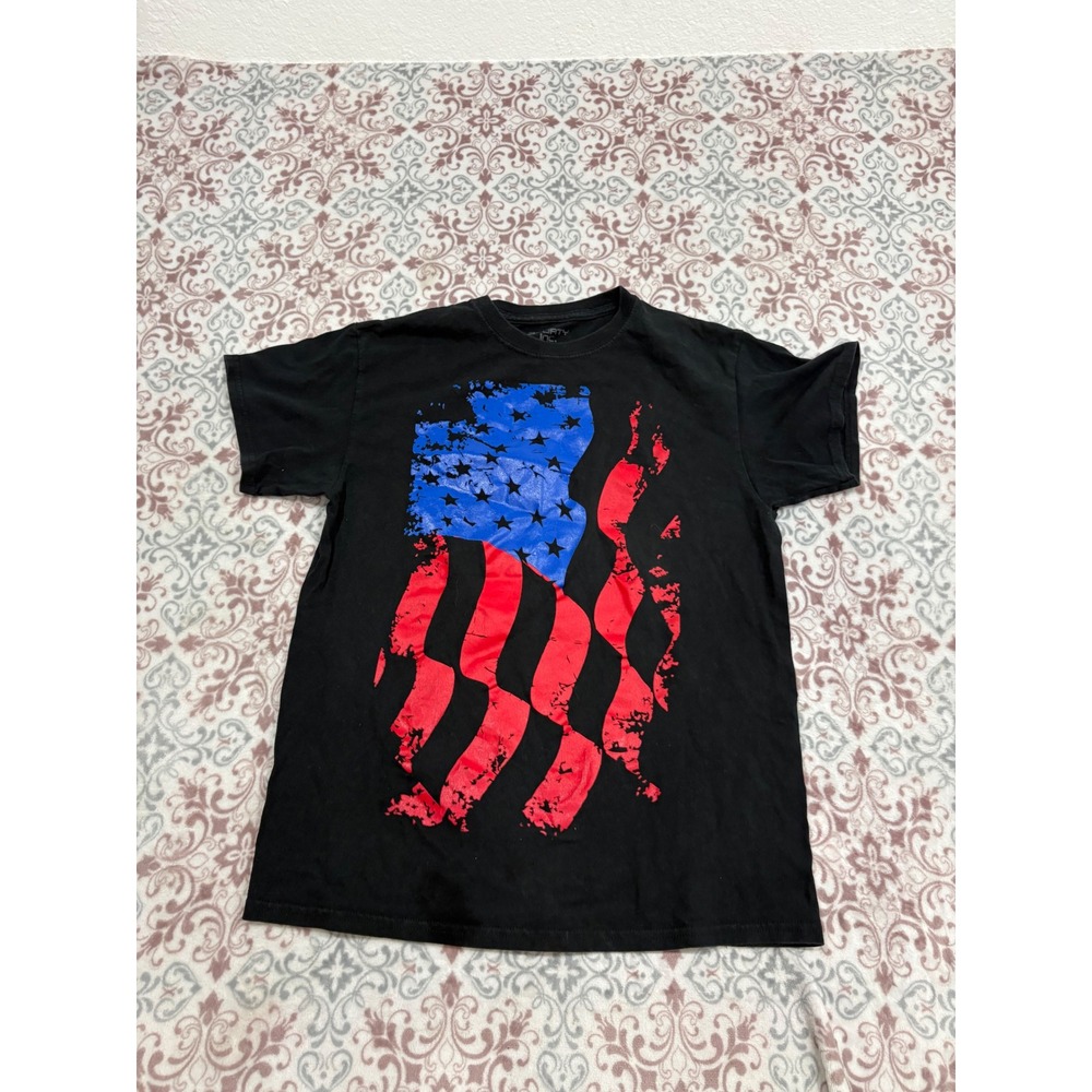 3Forty Inc Mens American Flag Graphic T-Shirt Black Distressed USA Tee M